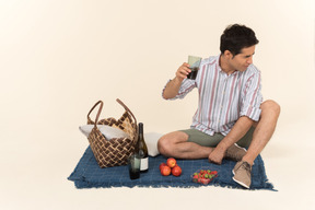 Young caucasian man holding glass of wine while sitting on the blanket