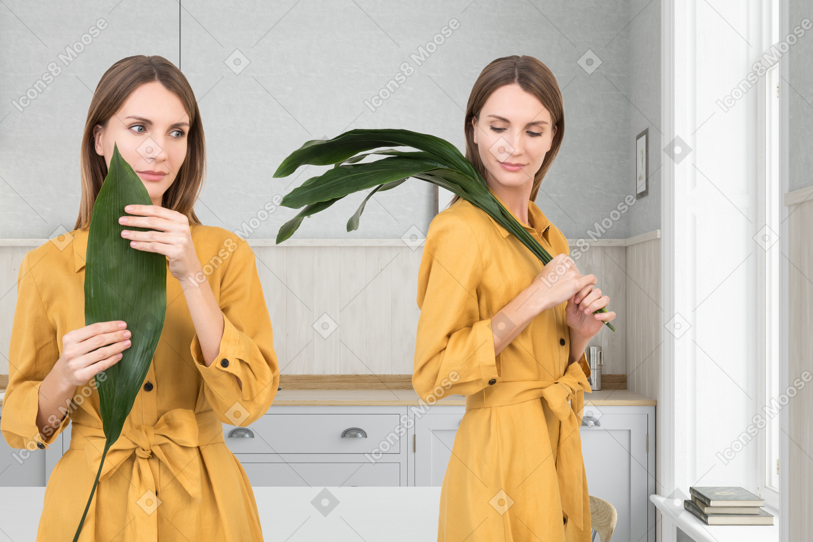 A woman in a yellow robe holding a green plant