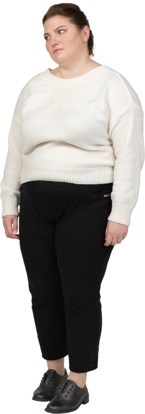Tired plump woman in casual clothes