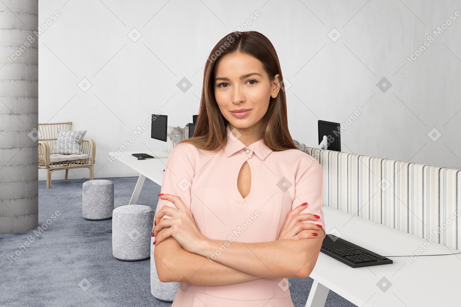 A young woman in a pink dress standing in an office