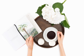Cup of coffee, meringues, white flower and book on round wooden tray