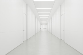 Long white corridor with doors