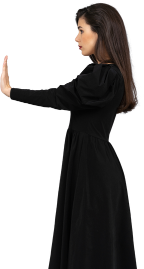 黒いドレスを着た拒絶する若い女性の側面図
