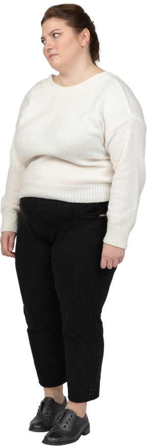 Tired plump woman in casual clothes