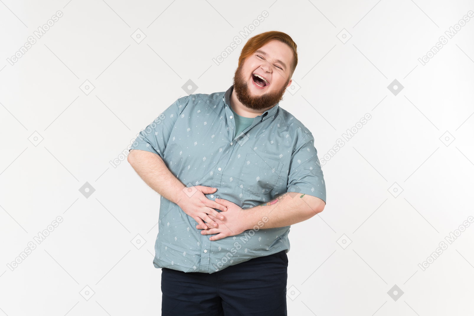 A fat man laughing loudly