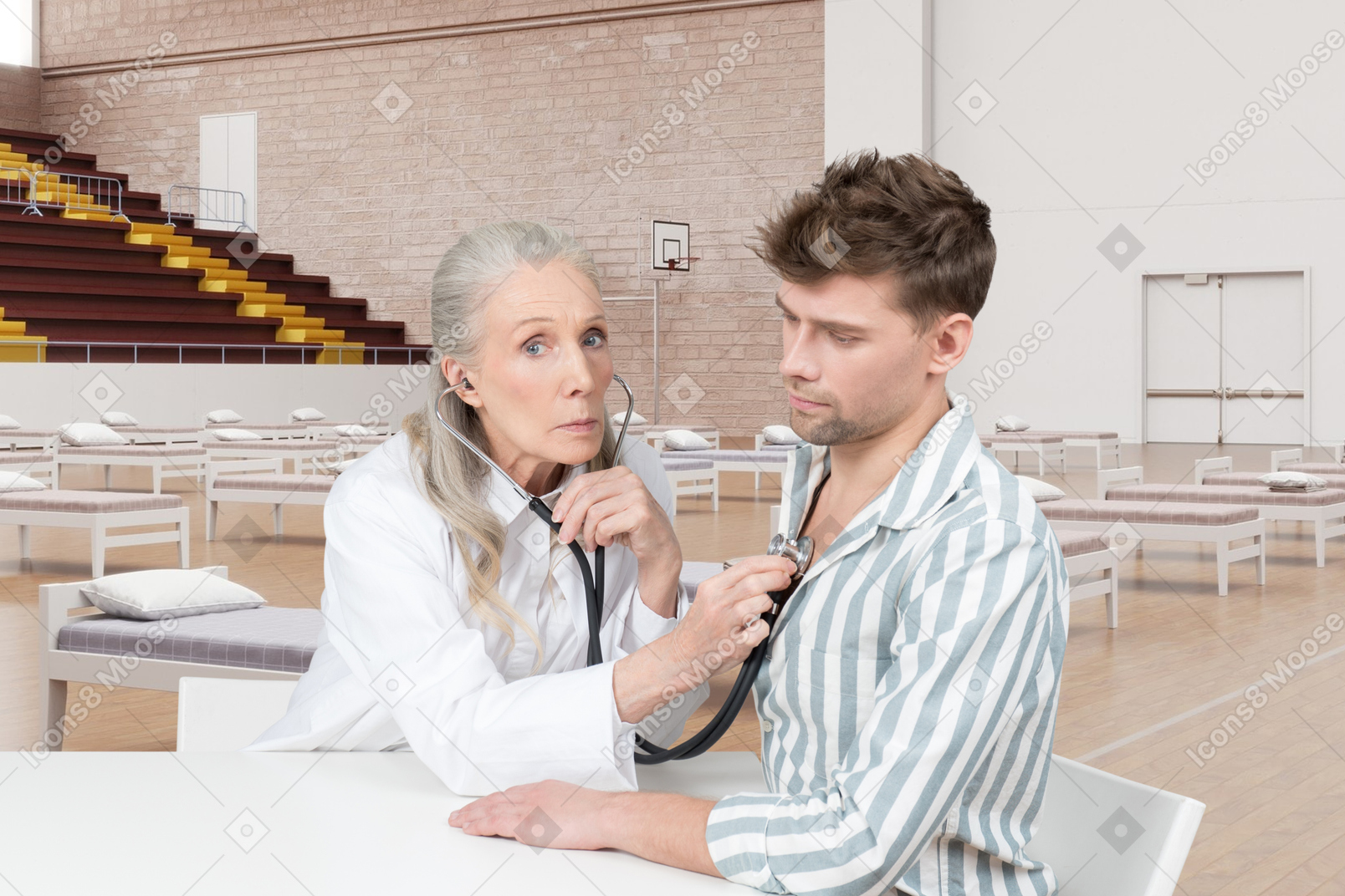 A doctor examines patient with stethoscope in a gymnasium