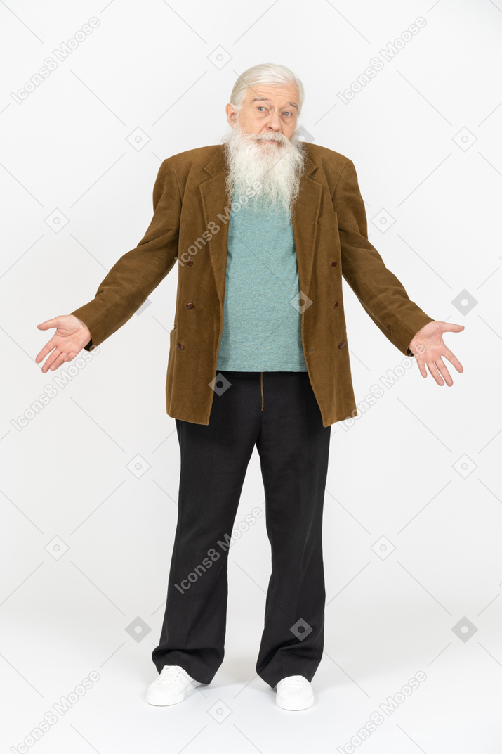 Portrait of an old man shrugging and looking confused