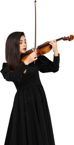 Close-up of a young lady in black dress playing the violin