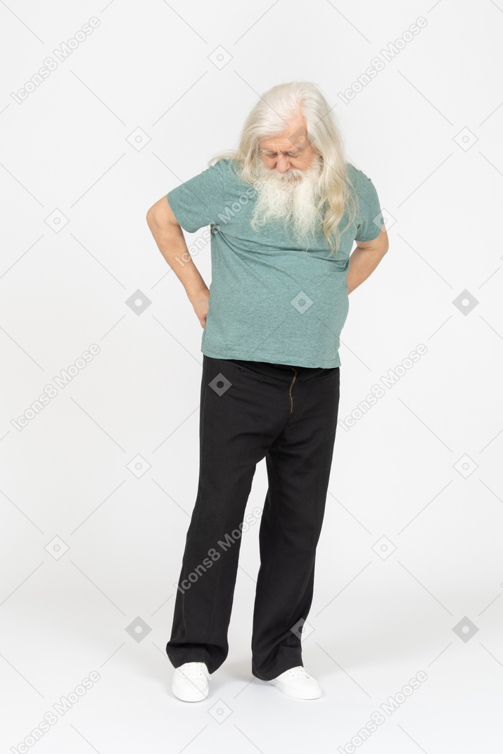Front view of old man feeling pain in the back