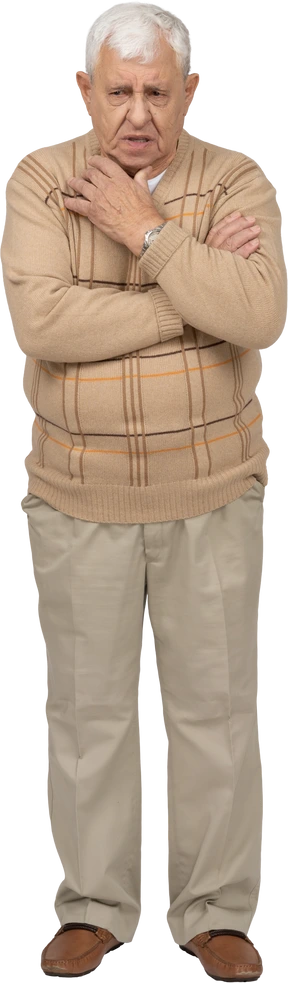 Front view of a thoughtful old man in casual clothes