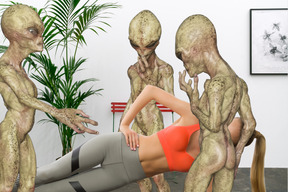 Aliens watching a woman doing exercises
