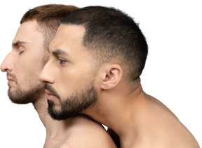 Close-up of a young caucasian man putting haed on a shoulder of another man gently