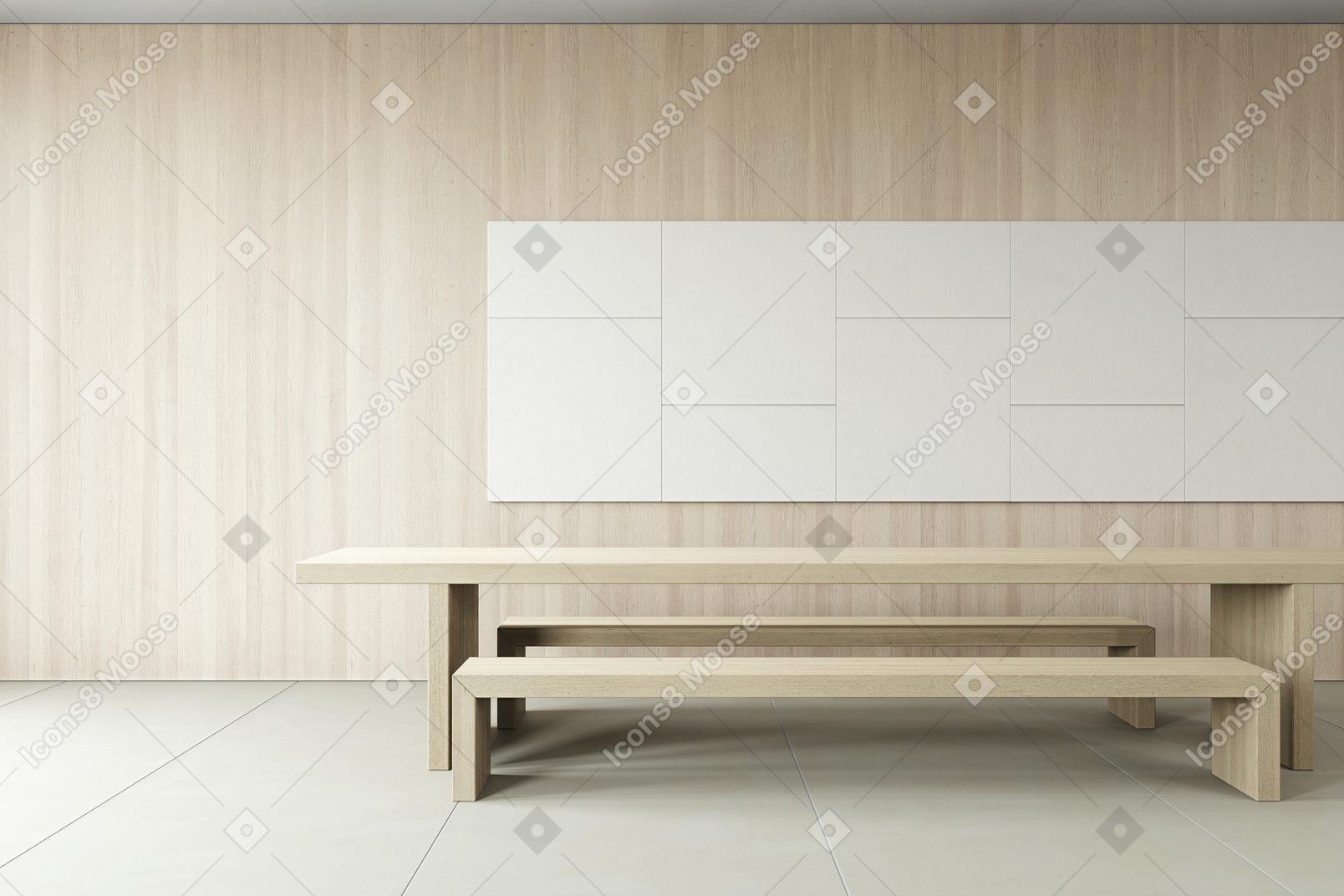 A simple minimalistic room with wooden tables and benches on a simple grey floor