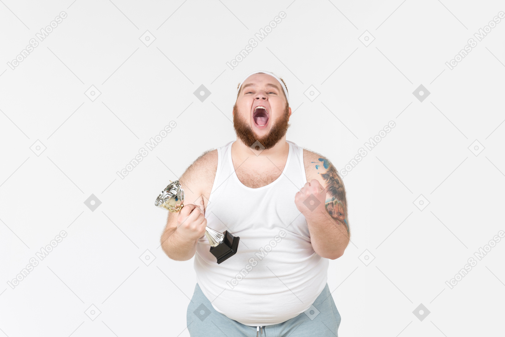 Big guy in sportswear screaming on excitement and holding trophy