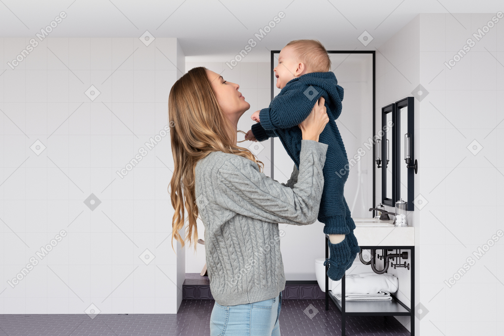 A woman holding a baby up to her face