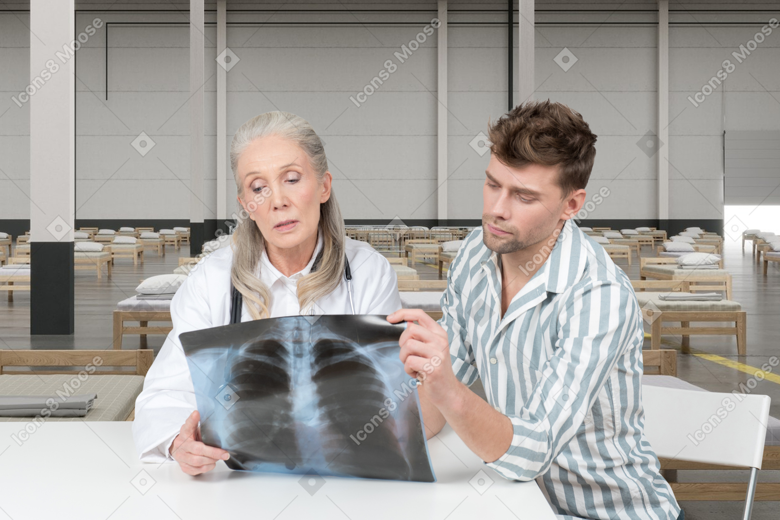 Female doctor and male patient looking at x-ray