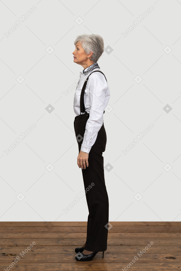 Vista laterale di una vecchia donna educata vestita in abiti da ufficio