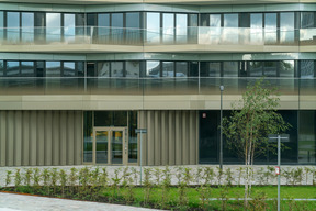 Edificio verde con árboles recién plantados