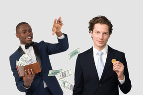 Men in suits holding coin and throwing banknotes