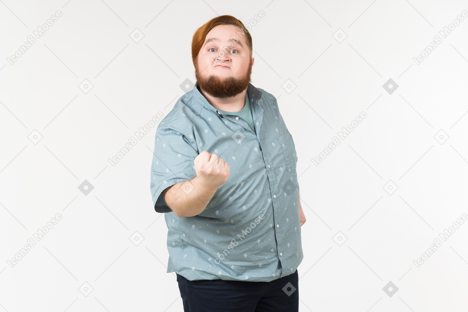 A fat man shaking his fist at someone