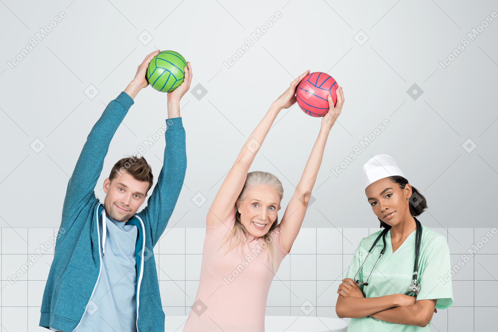 A nurse and two people exercising with balls