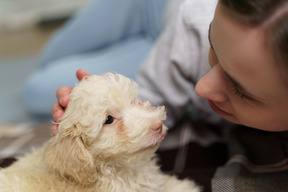 Young female cuddling with her little poodle