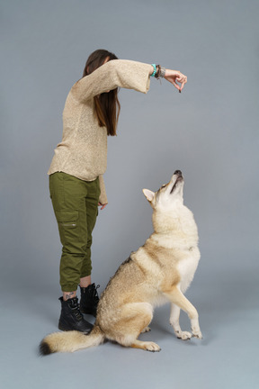 Full-length of a female doctor training her dog