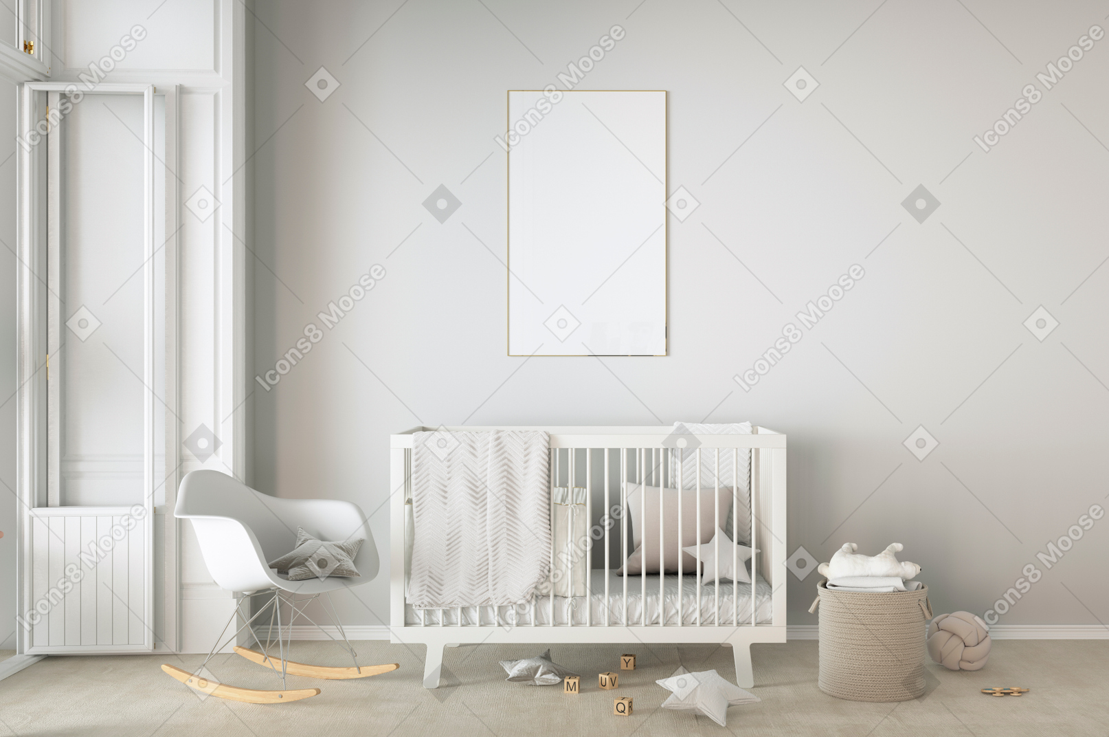 Kinderzimmer mit kinderbett und schaukelstuhl