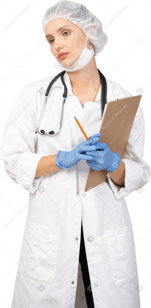 Front view of a young female doctor holding pencil and tablet