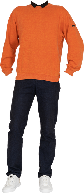 Orangefarbenes sweatshirt mit schwarzem kragen und dunkelblauer hose