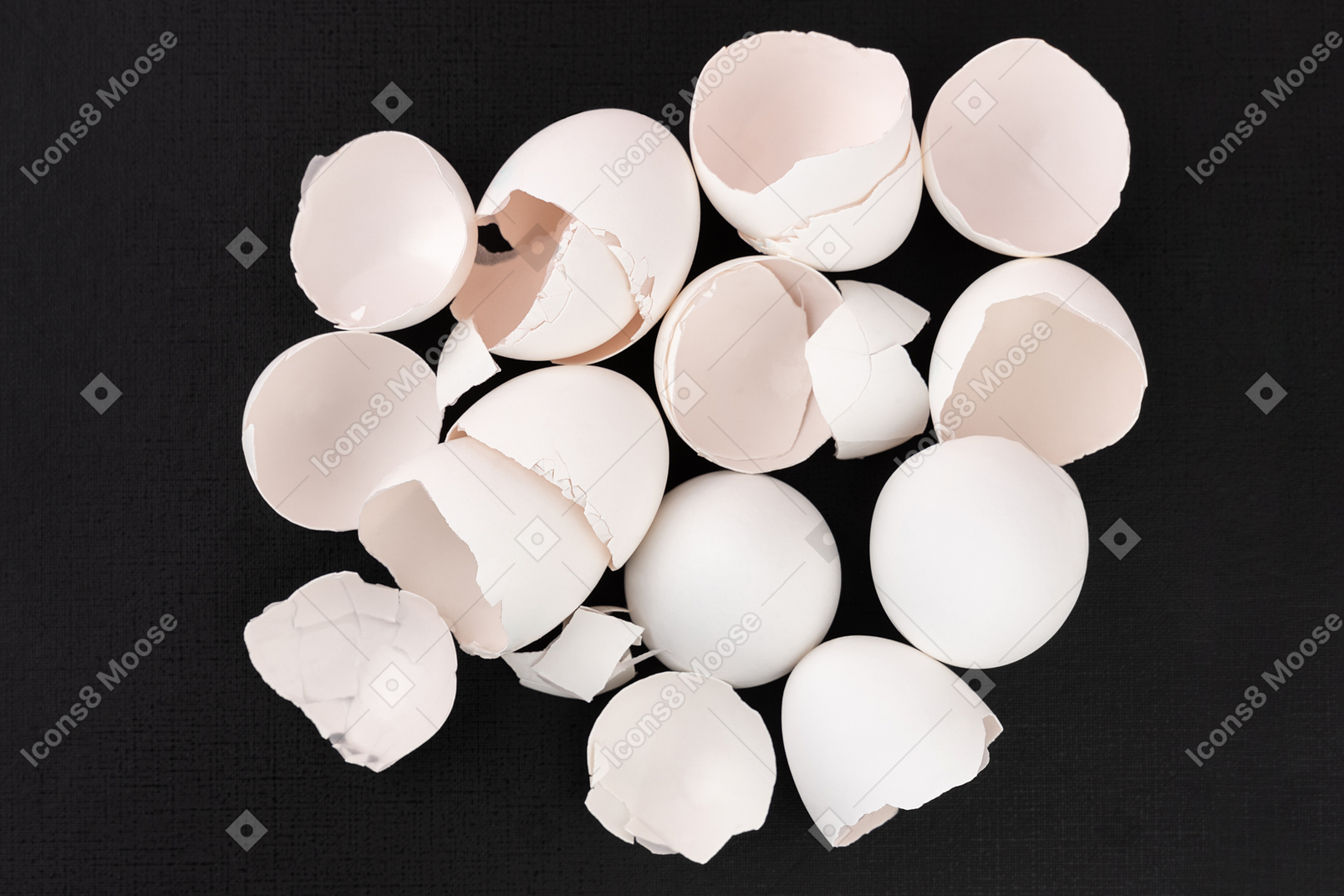 White eggshells on black background