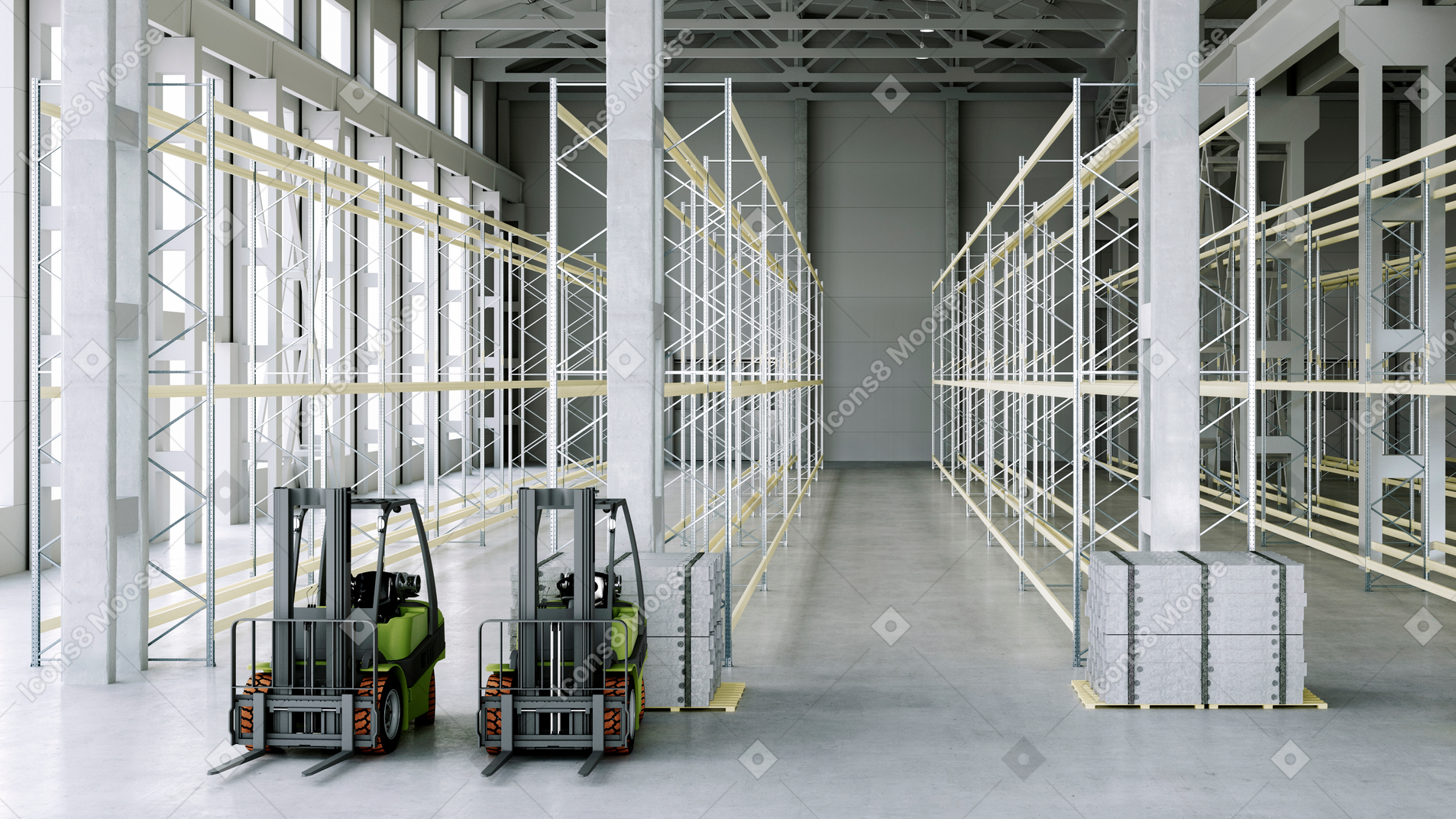 High-bay warehouse with two forklifts