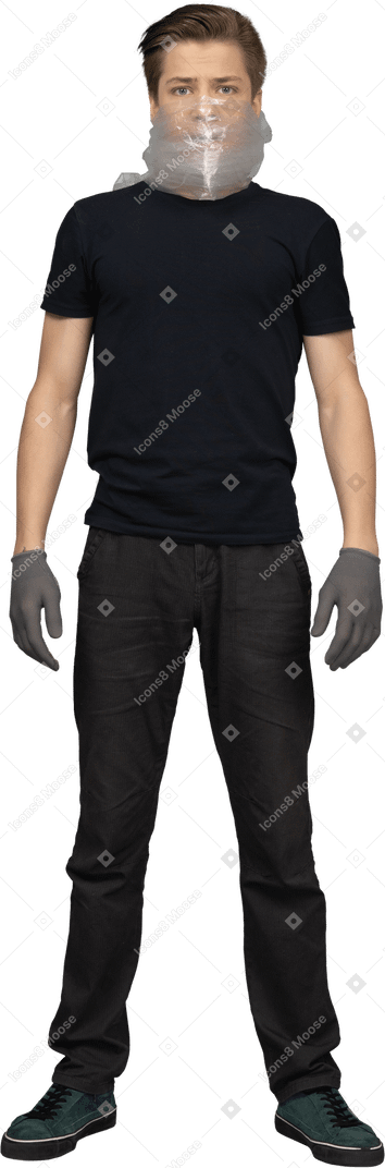 Male model in gray latex gloves