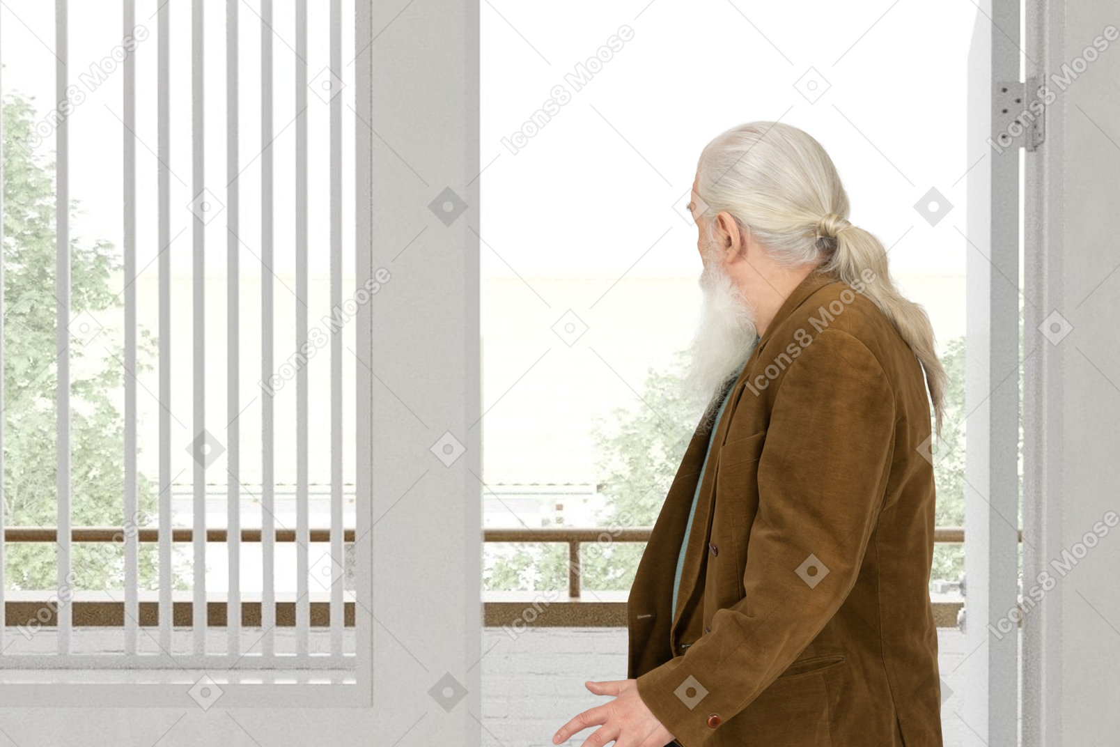 A man with a long white beard looking outside