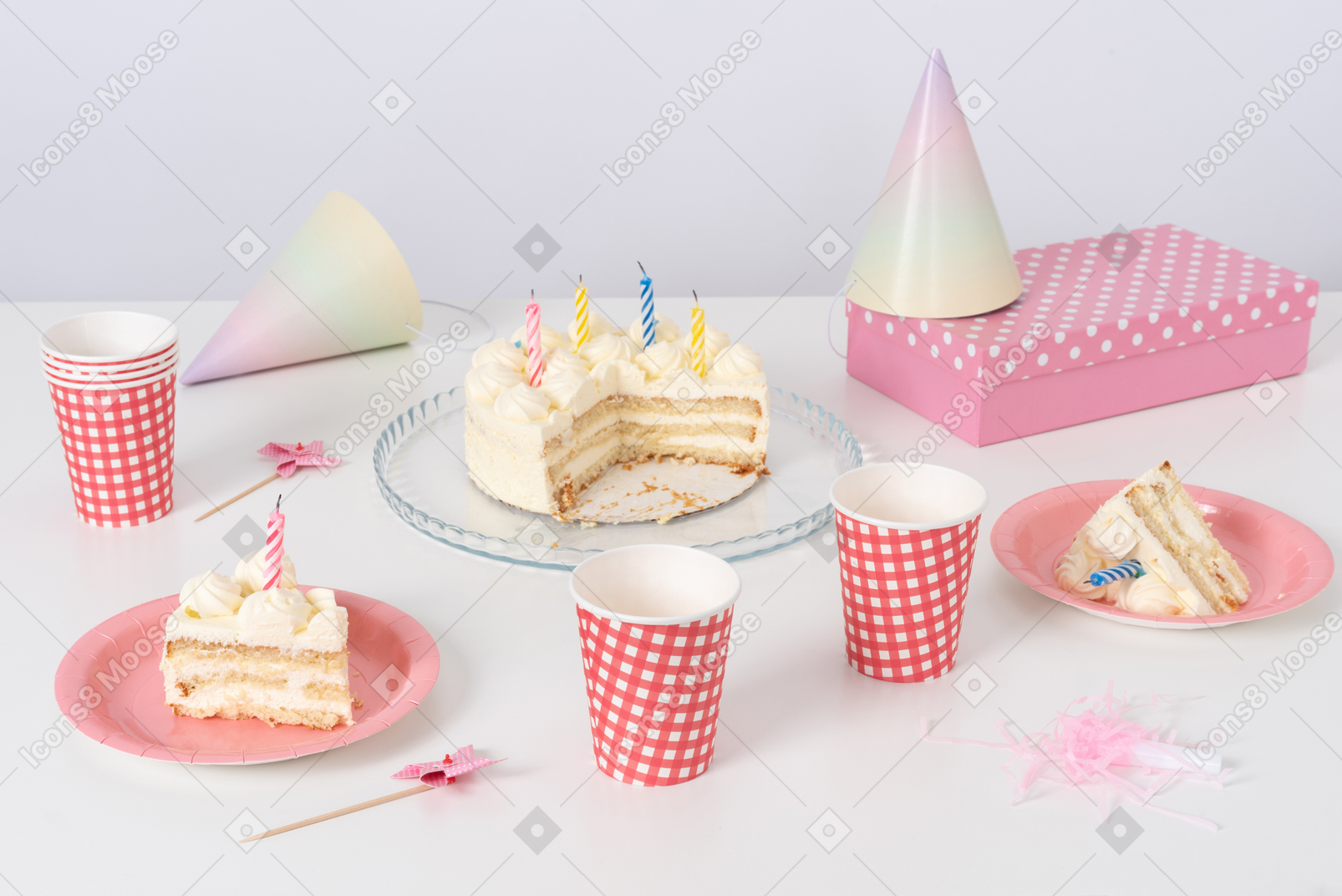 Bunch of birthday items on a white background