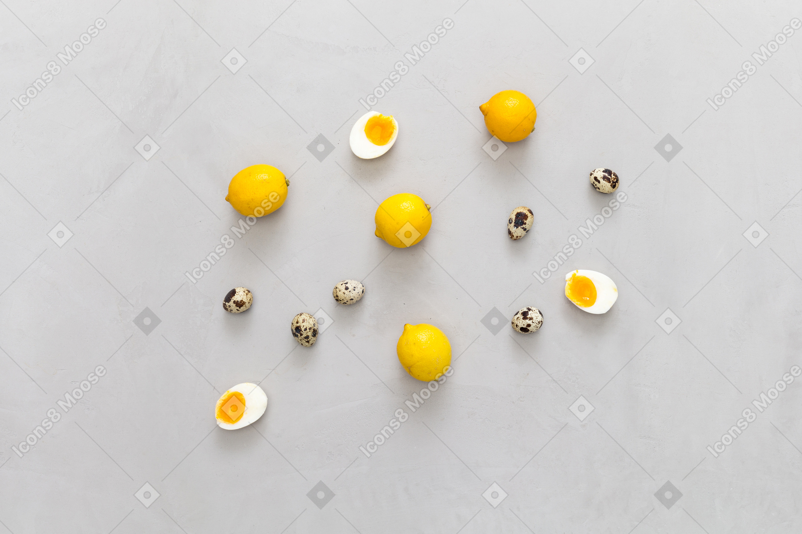Lemons, quail eggs and boiled chicken eggs