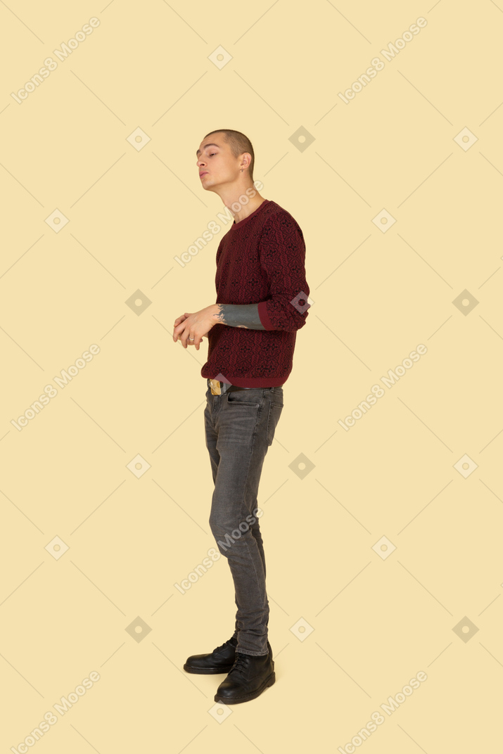 Dreiviertelansicht eines herrischen jungen mannes, gekleidet in roten pullover und händchen haltend