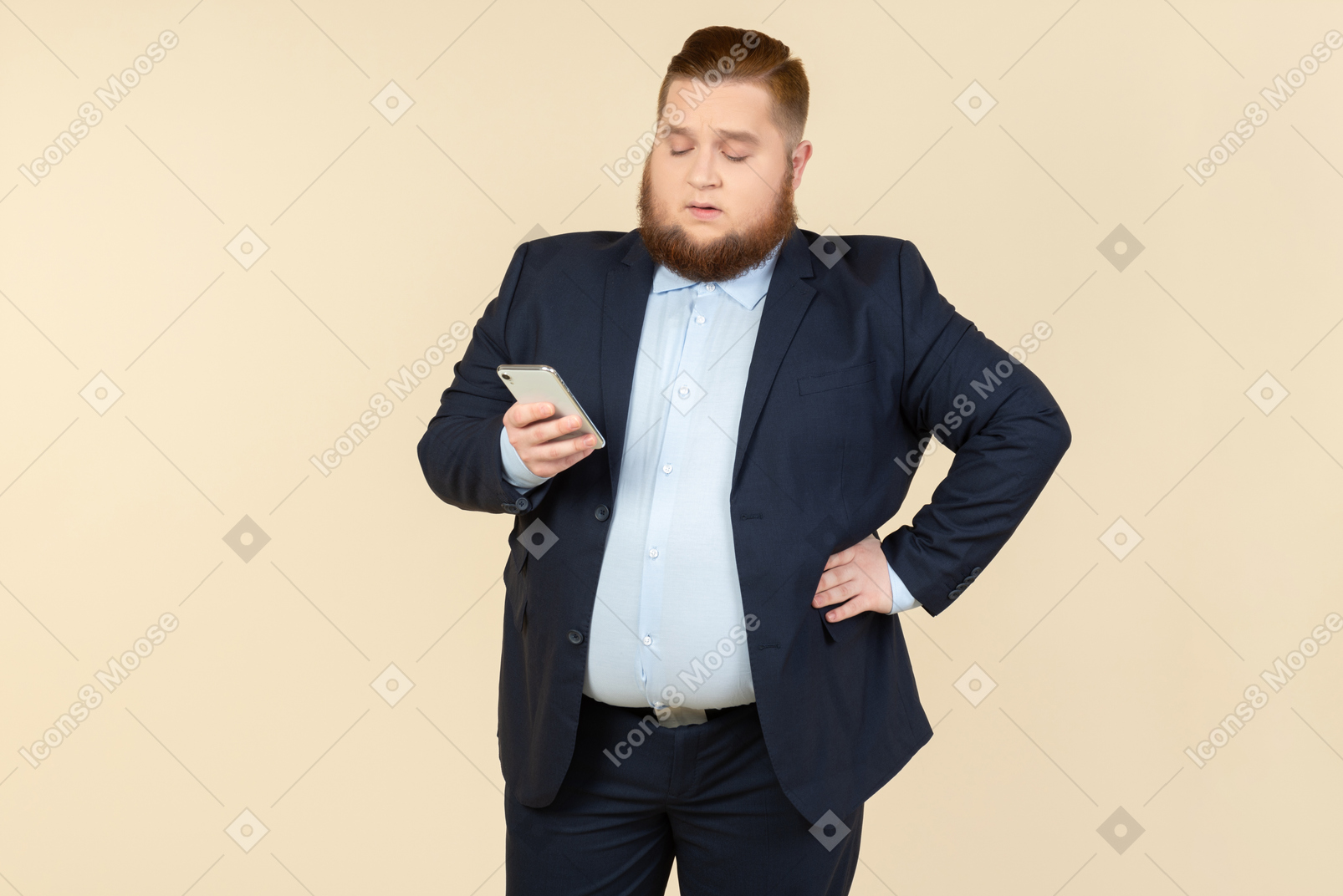 Young overweight office worker checking smartphone