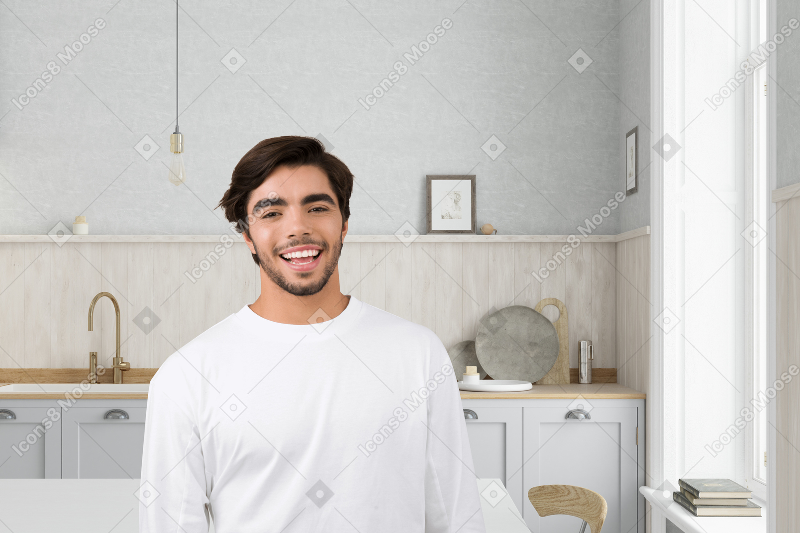 Young cheerful man on kitchen background