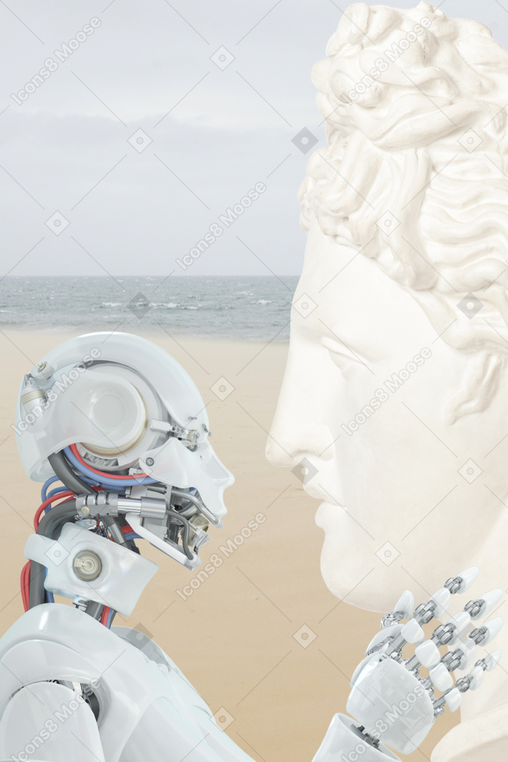 Robot android sosteniendo la cabeza escultura