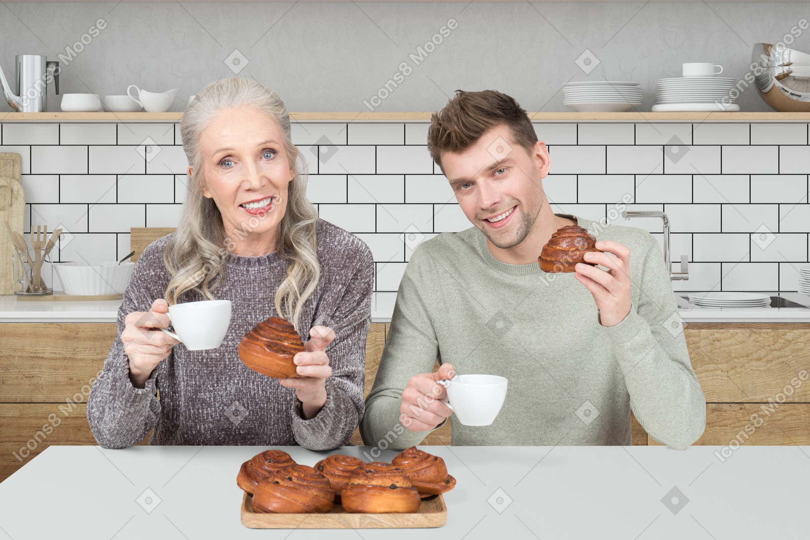 An old woman and a young man drinking tea with cinnamon rolls