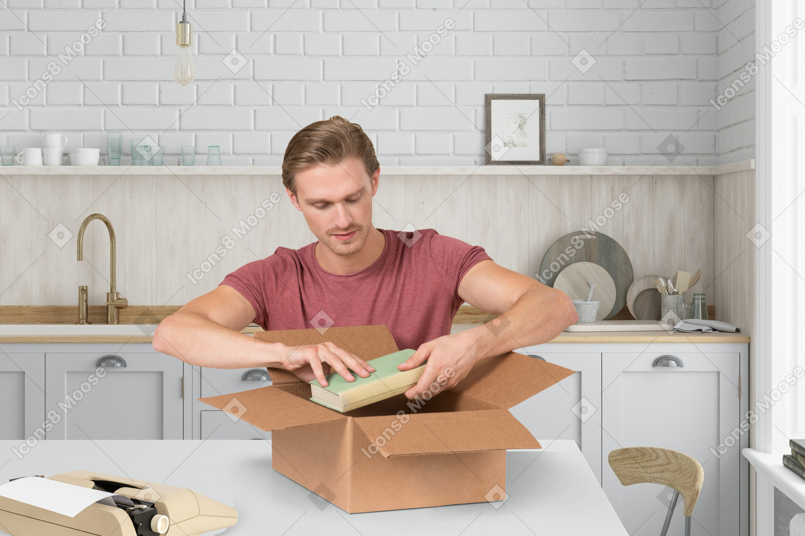 A man opening a box on a kitchen counter