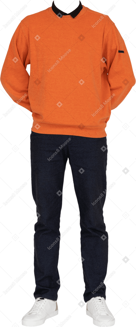 Orange sweatshirt with black collar and dark blue pants