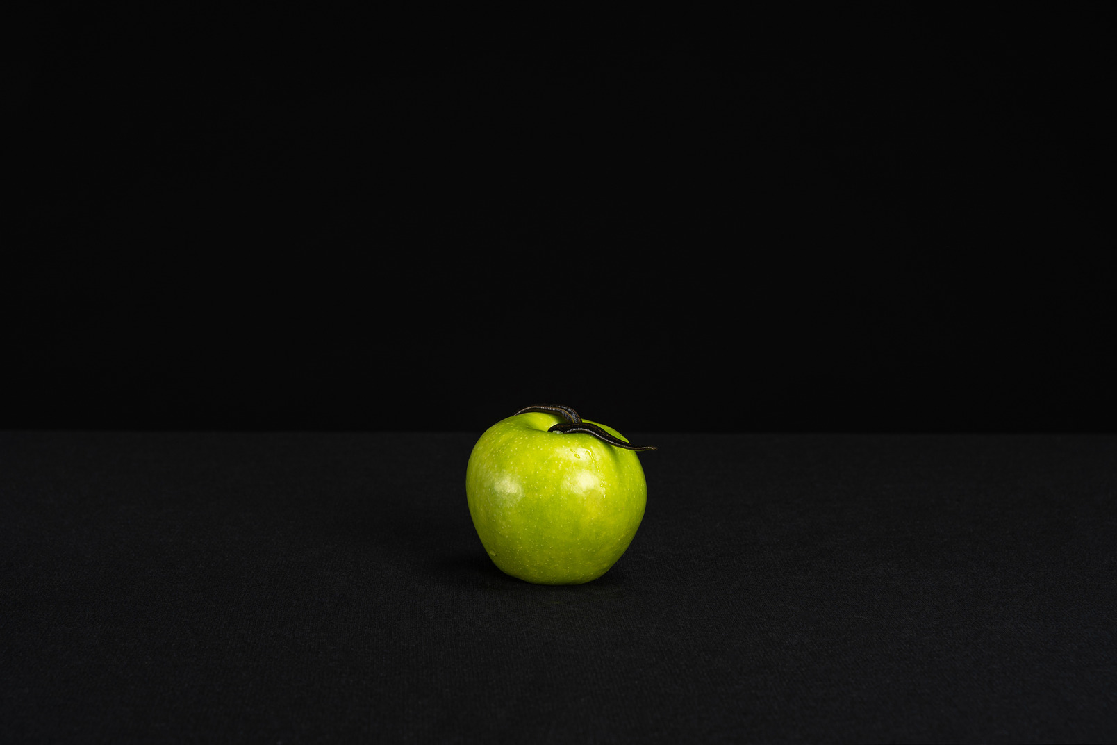 A lonely green apple in black background