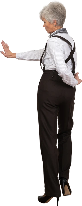 Three-quarter back view of a refusing old lady