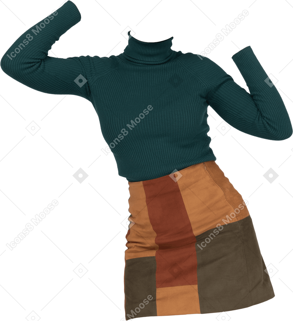 Jersey de cuello alto de punto cian oscuro y minifalda marrón