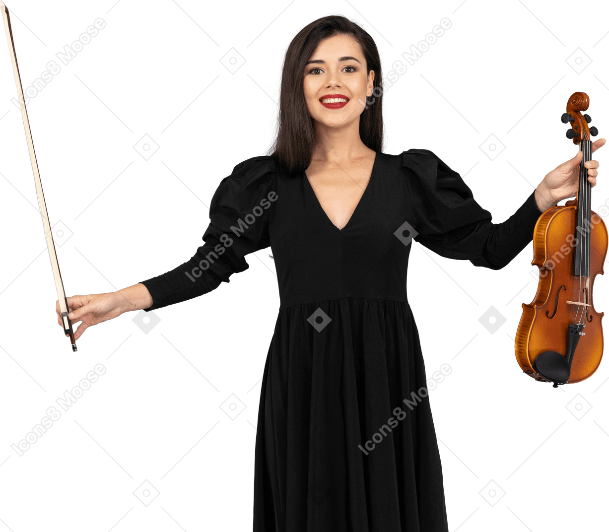 Front view of a female violin player in black dress making a bow