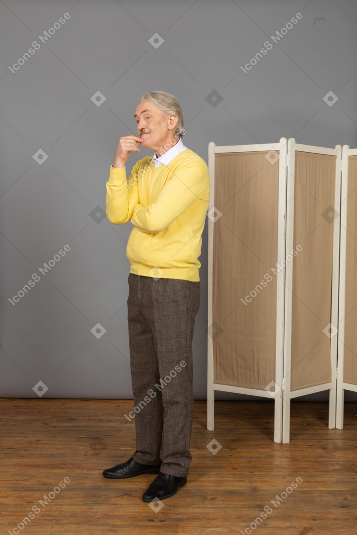 Three-quarter view of thoughtful old man touching chin