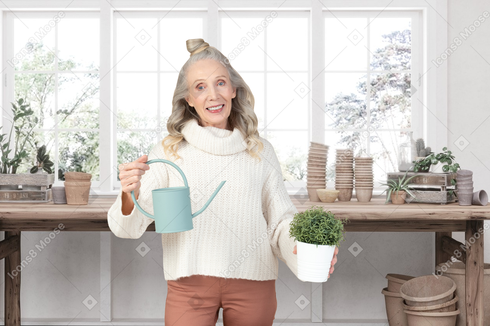 A woman holding a watering can and a potted plant