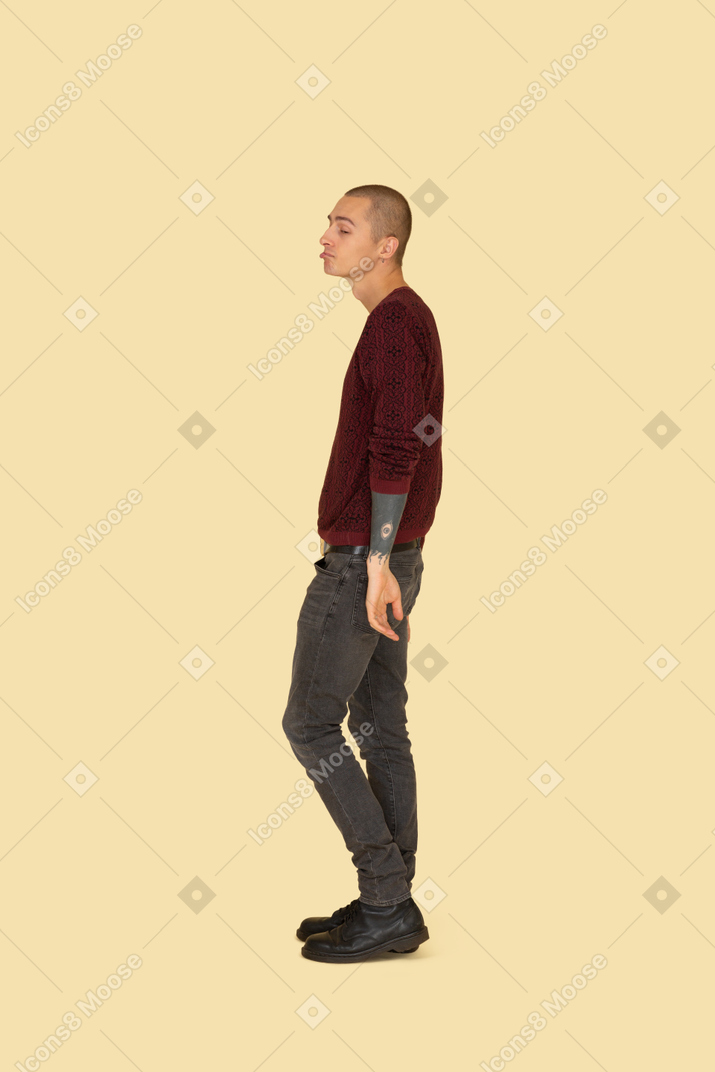 Seitenansicht eines verzogenen jungen mannes im roten pullover, der beiseite schaut